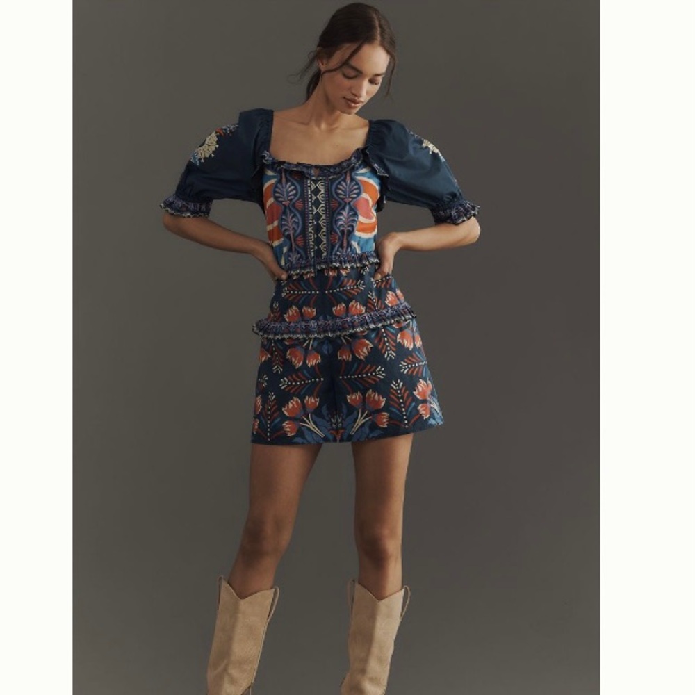 🌿|NWT| Farm Rio x Anthropologie Puff Sleeve Ruffled Floral Romper